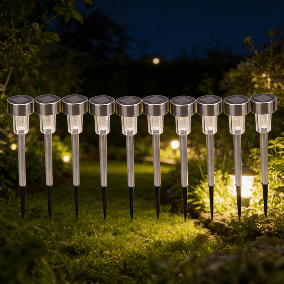 10 Pack 5W Solar LED Lawn Lights, Outdoor Stainless Steel Path Lamps with Lampshades, White & Silver for Garden Landscape