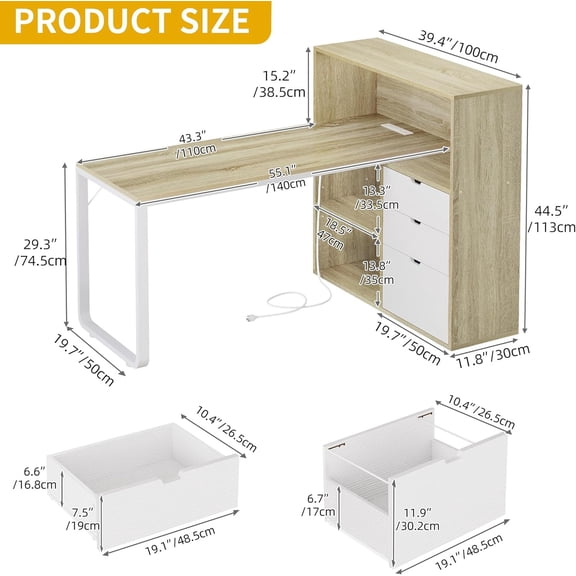 L Shaped Desk with Drawers, 55 Inch Corner Computer Desk with Bookshelf & Power Outlets & LED Lights, Home Office Desk with Storage Shelves, Oak & White