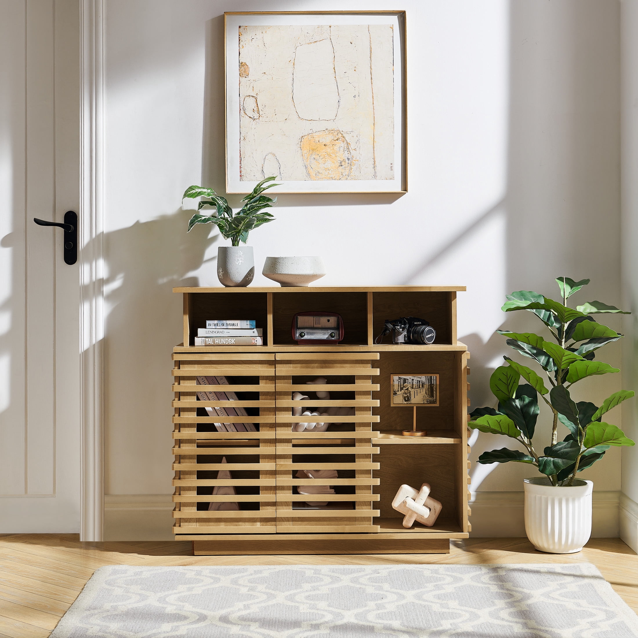 GDF Studio 36.1" Farmhouse Sideboard Buffet Cabinet with Sliding Doors, Adjustable Shelf, Natural