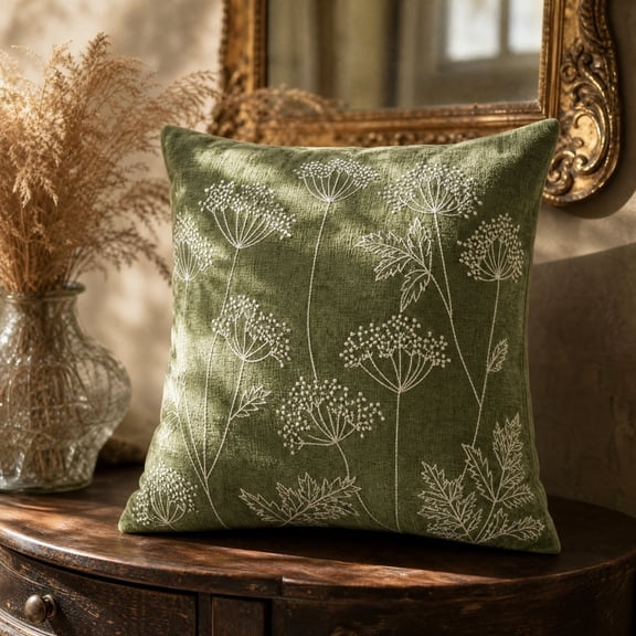 TTJ Wildflower Embroidery Throw Pillow Covers,18x18 Inch Floral Decorative Cushion Case,Chenille Flower Pillowcase for Farmhouse Rustic Sofa Couch Bed Living Room Home Decor(Green)