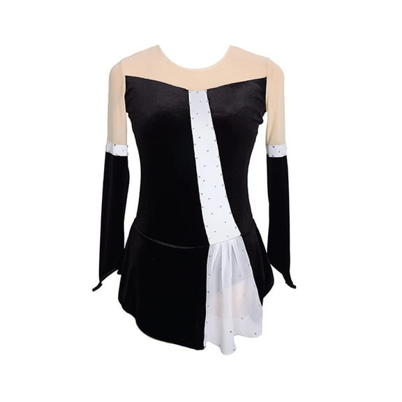 LIUHUO Custom Figure Skating Dress Girls Women Stretchy Black White Patchwork Spandex Diamond Embellishment, Black White Patchwork Sleeves