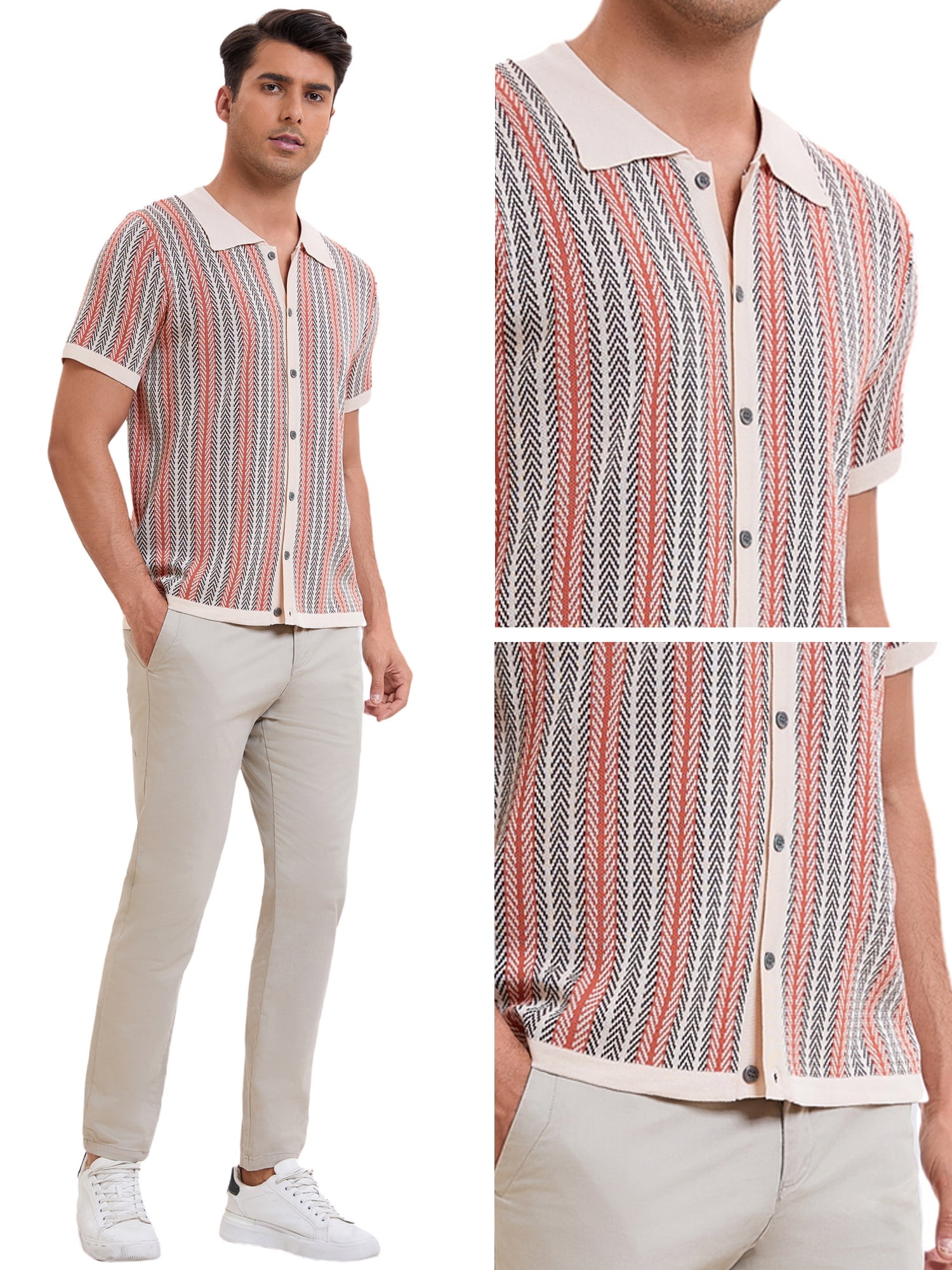 DARING DIVA Men's Striped Short Sleeves Button Down Jacquard Polo Shirts L Khaki