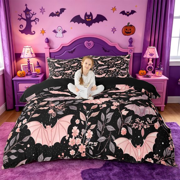 Homewish Halloween Pink Bat Bedding,Floral Vine Print Duvet Cover Full,Black Blush,Black Reversible,3 Pieces,1 Duvet Cover and 2 Pillowcases