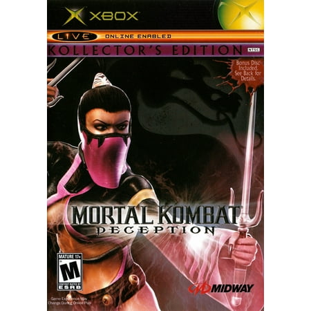 Mortal Kombat Deception Kollector s Edition (Xbox) - Pre-Owned Shocking and evil  Mortal Kombat: Deception pushes martial arts-style fighting and the Mortal Kombat franchise to new heights with an innovative fighting system  unparalleled depth and brutally intense action that will appeal to long-time Mortal Kombat fans as well as next-generation gamers. For the first time in the Mortal Kombat series  you can play a free-roaming Konquest mode  board games  and a puzzle game  in addition to the enhanced one-on-one fighting mode. Mortal Kombat: Deception supports online play for both the PS2 and Xbox Live and features online matches and tournaments as well as online gameplay capabilities for both the board game and puzzle modes.