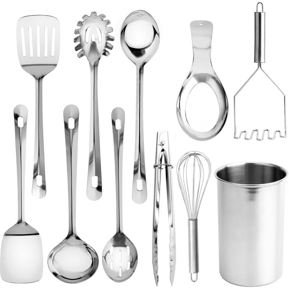 Kitchen Utensil Set - 10-piece premium non-stick, heat-resistant kitchen gadget set, including: spatula, pasta spoon, dinner spoon, whisk, tongs, potato mash maker, and utensil rack.