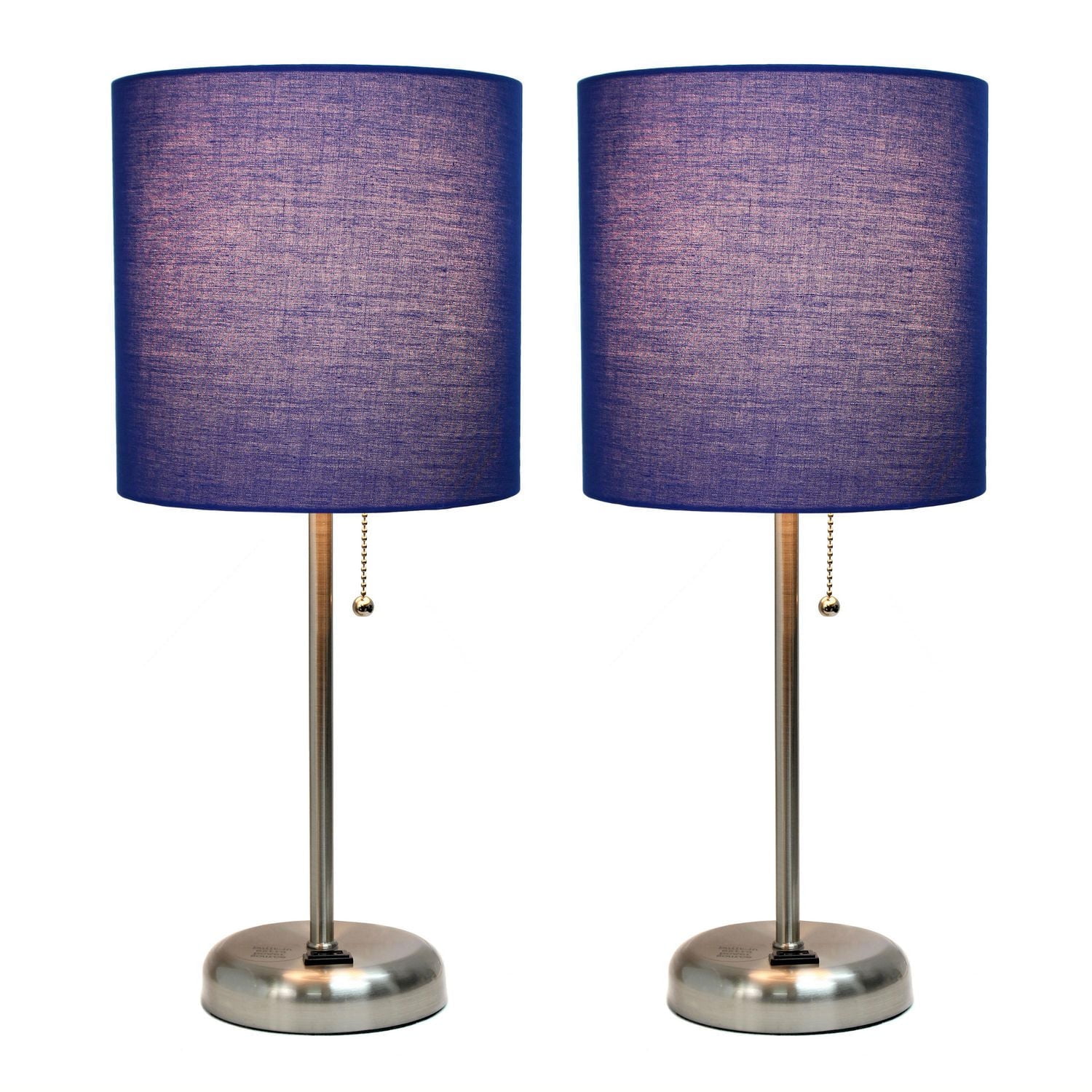 LimeLights Brushed Steel Stick Lamp with Charging Outlet and Fabric Shade 2 Pack Set