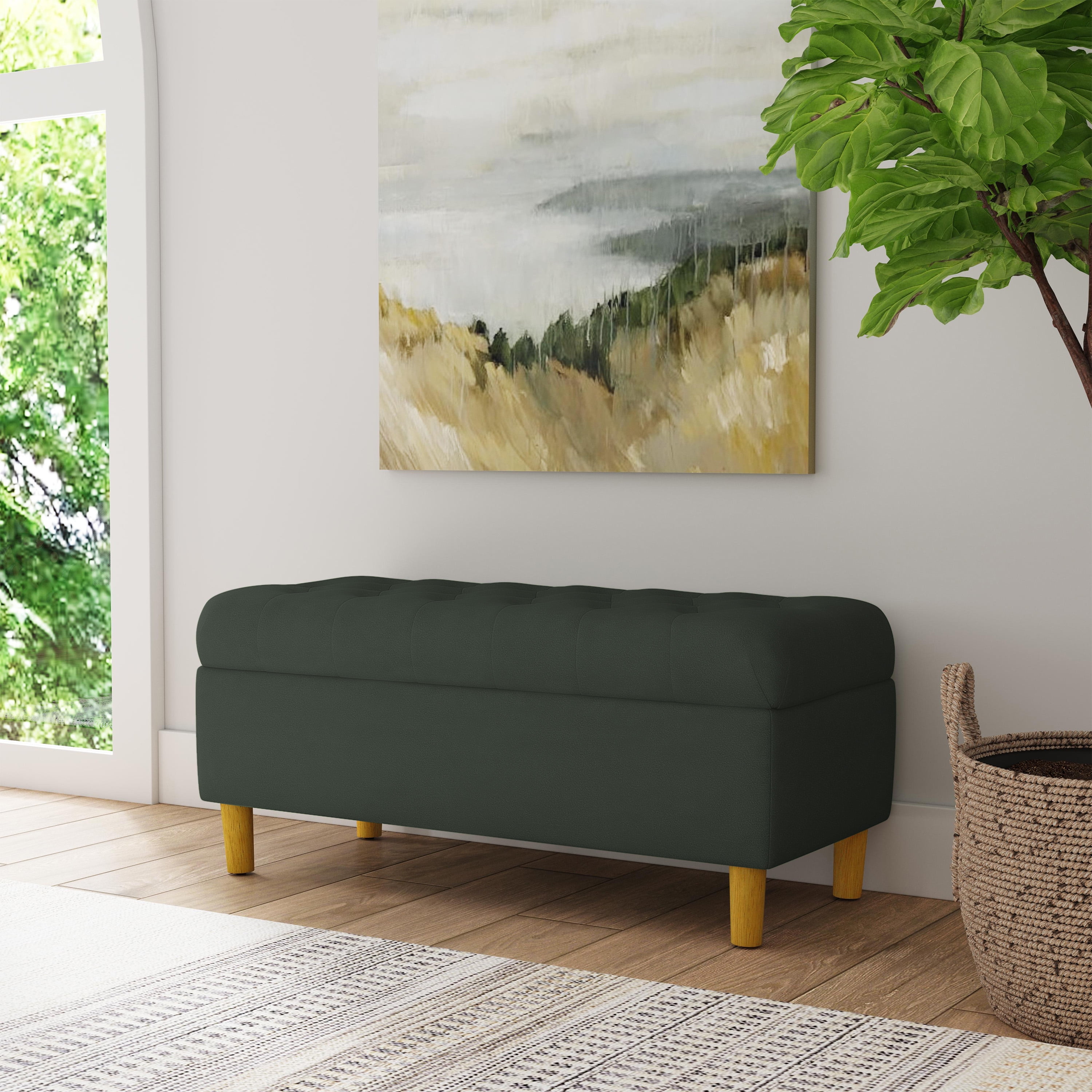 HomePop Button Tufted Storage Bench, 40"W x 18"D x 18"H, Loden Green Velvet