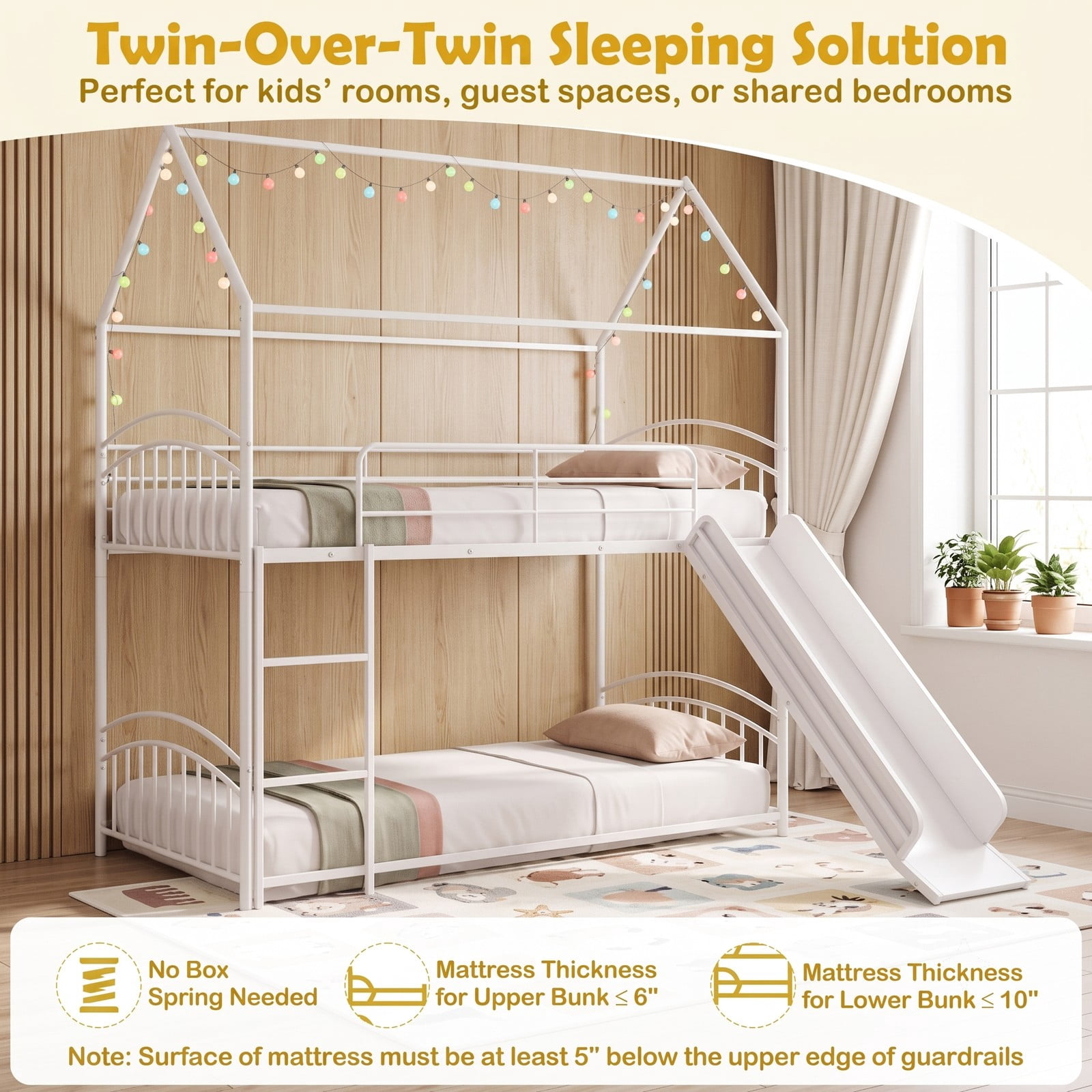 Furnibear Twin Over Twin House Bunk Bed with Slide Ladder and Heavy-duty Metal Slats for Kids and Shared Bedrooms, White
