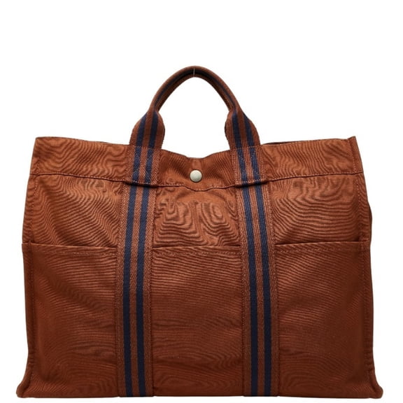 Pre-Owned Hermès Foule Tote MM Bag Brown Navy Canvas Women's HERMES (Good)