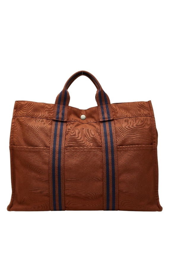 Pre-Owned Herms Foule Tote MM Bag Brown Navy Canvas Women's HERMES (Good)