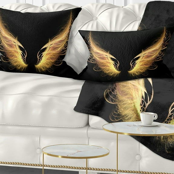Designart Golden Angel Wings on Black - Abstract Throw Pillow - 12x20