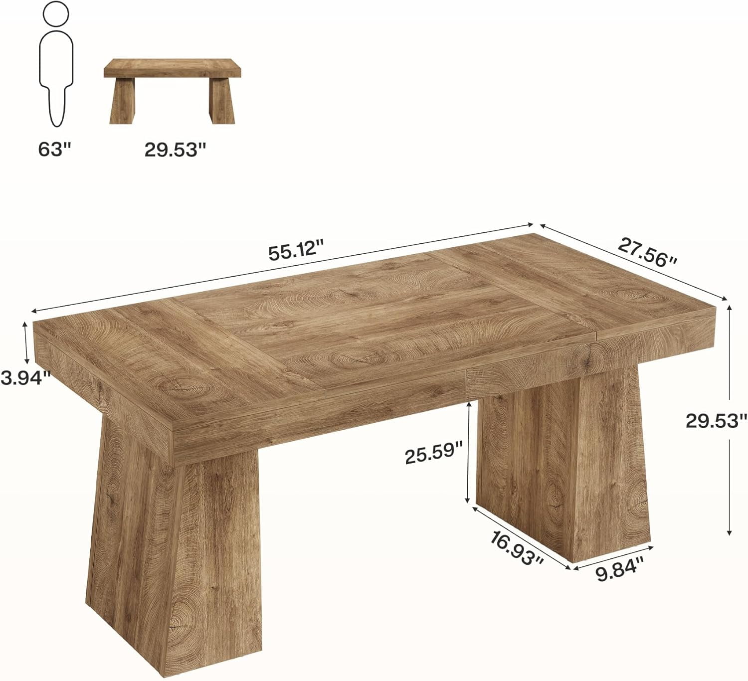 Finmind Large Wood Executive Desk, 55" Rectangle Office Desk with Double Pedestal, Modern Minimalist Computer Desk Workstations Conference Table Furniture for Home Office(Light Brown)