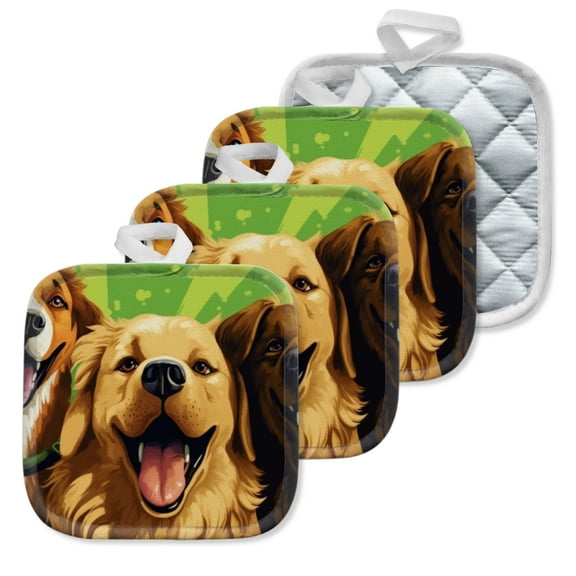 4 Pack Pot Holders,Kitchen Essential, Potholder Set,Dogs With Cheerful Expressions On A Green Background