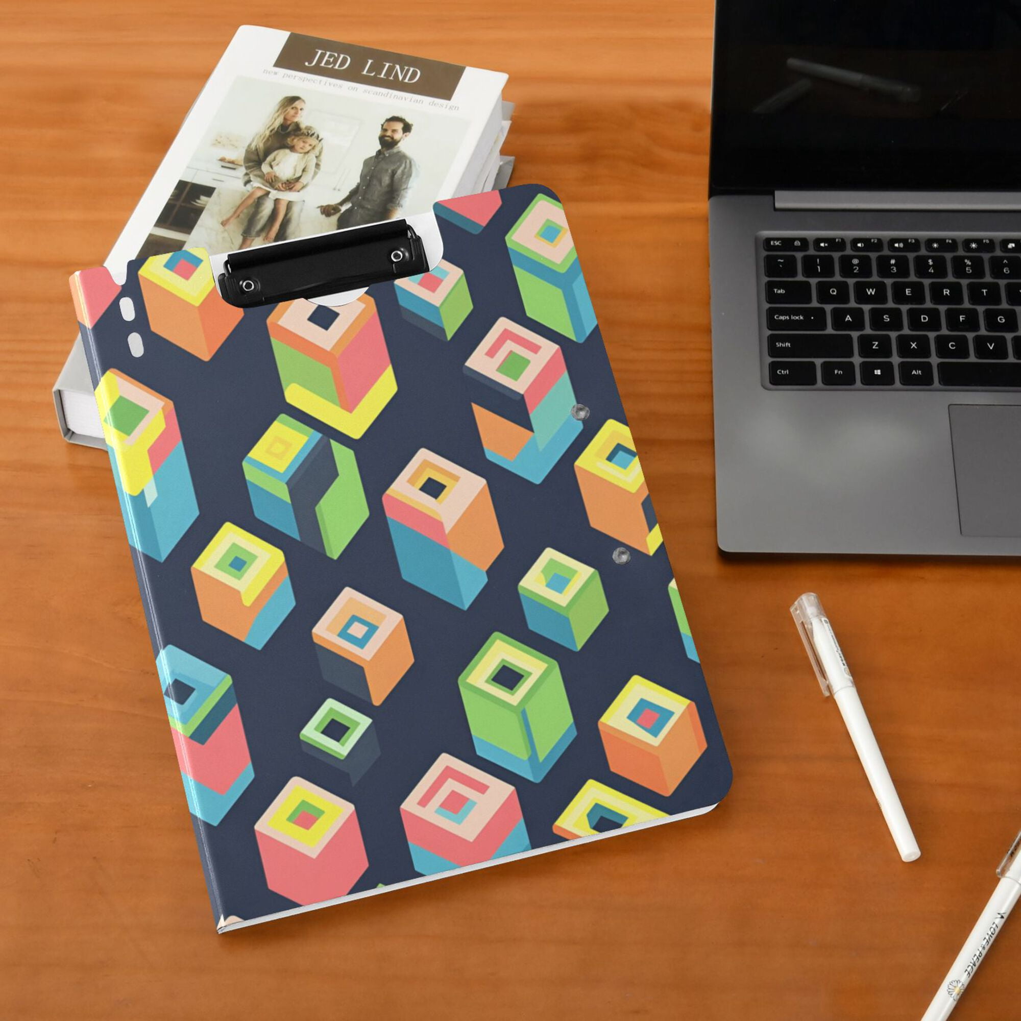 FORMRS A4 Clipboard Folder with Pen Holder Horizontal Foldable School Office Binder, Green Cubes