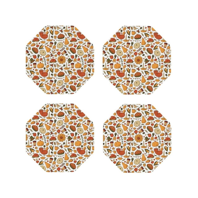 Easygdp Thanksgiving with Food or Leather Coasters Set of 4 Coaster, Non-Slip, Heat Resistant for Home, Office, Kitchen (Round,Square,Octagon,Hexagon)-Octagon