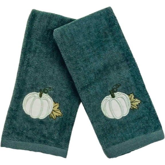 Serafina Home Decorative Fall Harvest Hand Fingertip Towels: Harvest Grey Pumkin on Grey Plush Soft Cotton, Set of 2 12 x 18 Inches