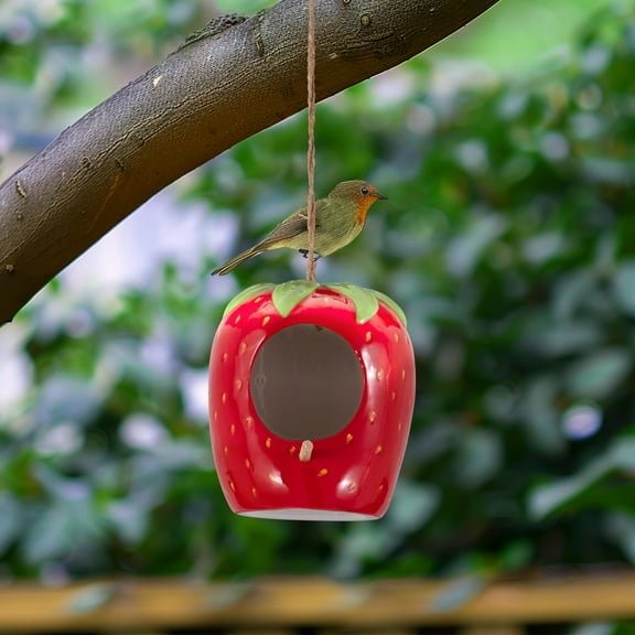 Bird Feeder Ceramic Ceramic Strawberry Design Home Garden Use - 6" Red & Green