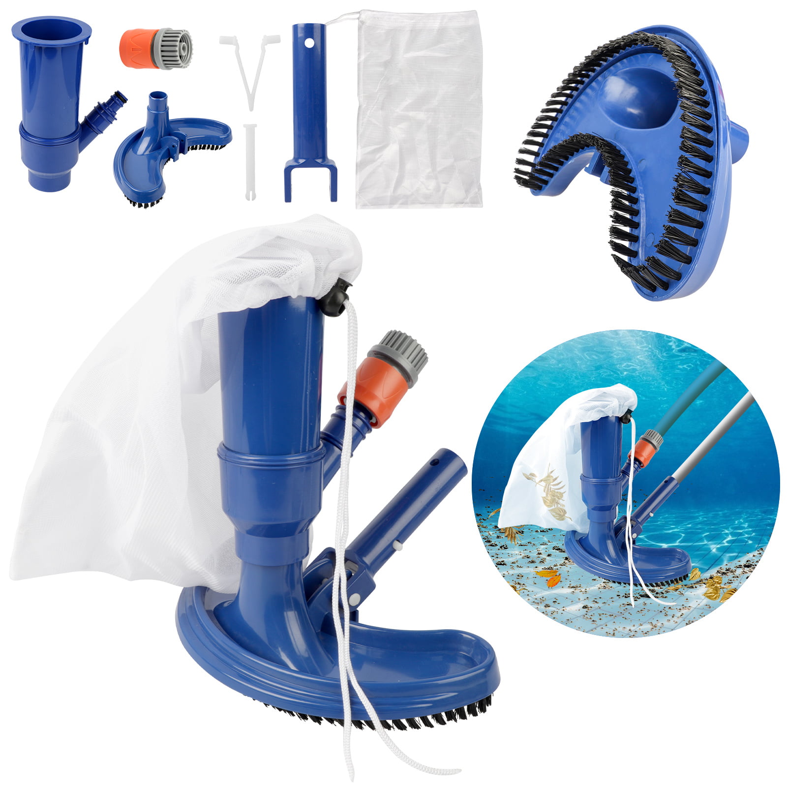 Pool Cleaner Portable Swimming Pool Fountain Vacuum Brush Cleaner Cleaning Tool,Can Be Connected to Garden Hose,Vacuum Cleaner with Mesh Bag Above Ground Center Pond Fountain 5-Pole Section Blue