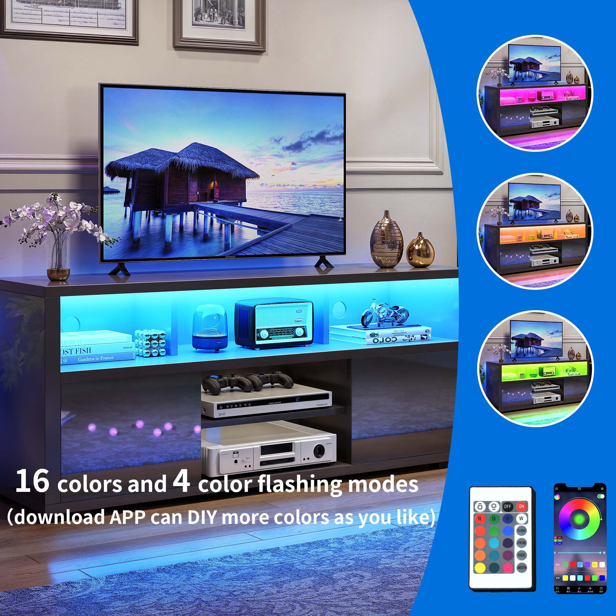 Dextrus High Gloss TV Stand with LED Ambient Lights, Modern TV Stand with Open Shelf Storage Cabinet for 55 inch TV, Black