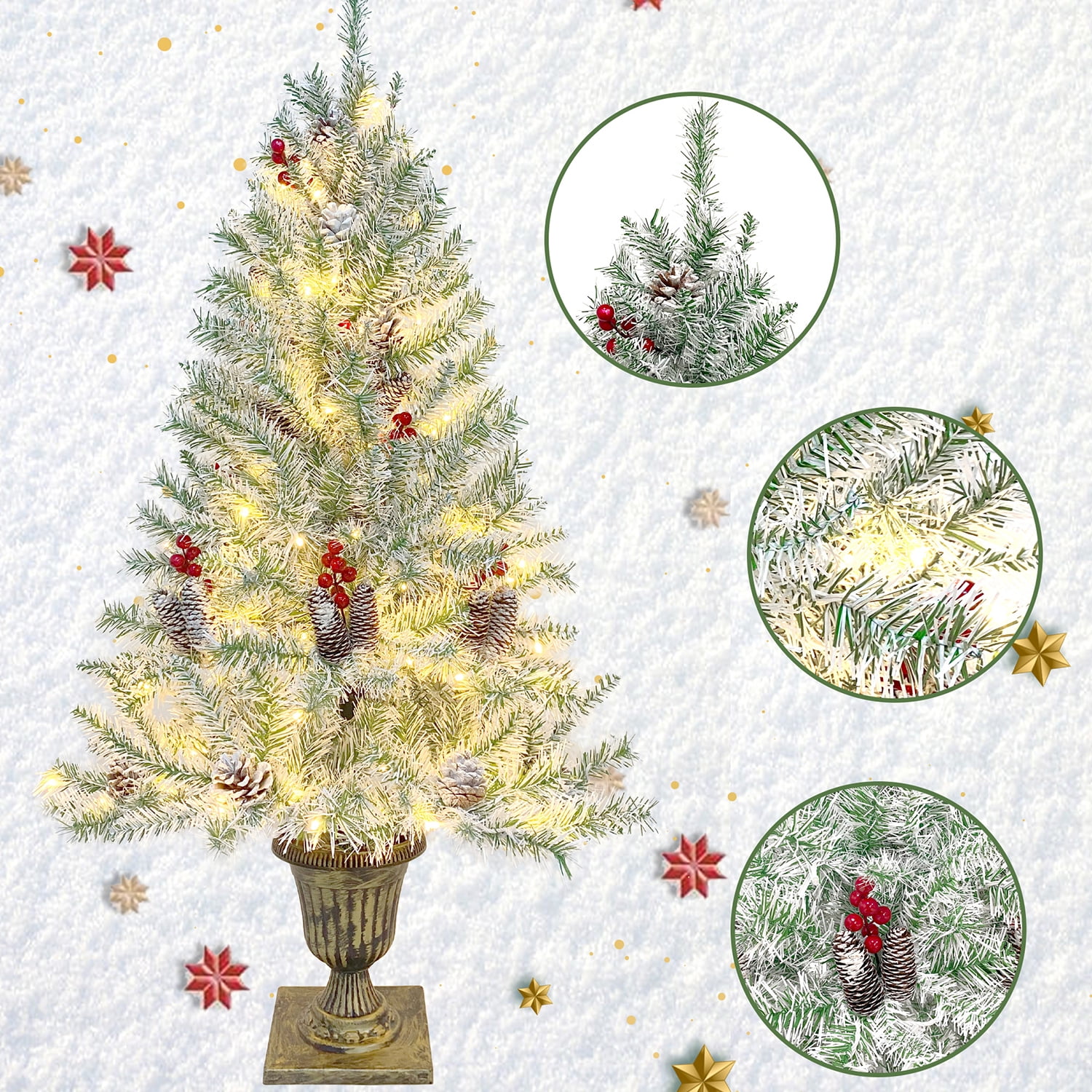 Kadyn 4-Piece Pre-lit Set Christmas Decorations, Christmas Fireplace Decorations, Front Porch Christmas Decorations, Artificial Christmas Garland, Wreath and Set of 2 4ft Christmas Tree, Retro White