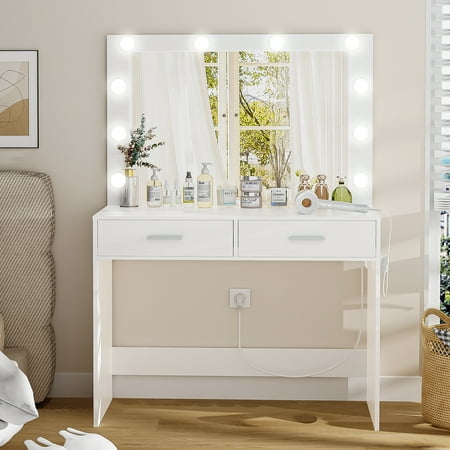USIKEY Vanity Desk Lighted Mirror Charging Station Drawers Table Set White