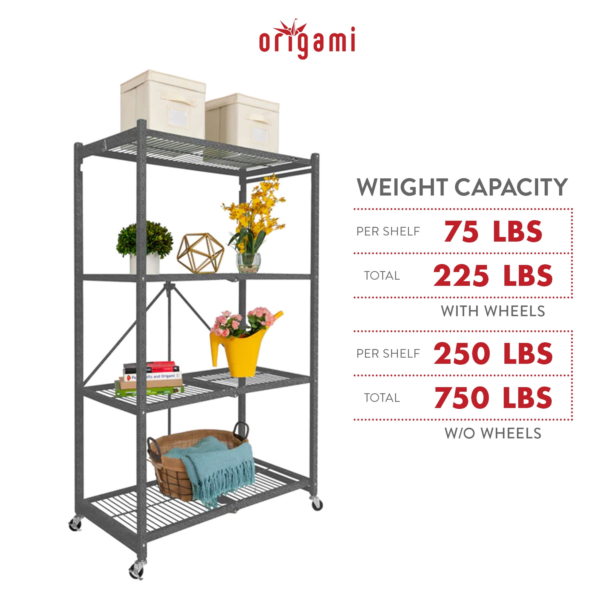 Origami 4-Shelf R5 Series Storage Rack with Wheels, Gray