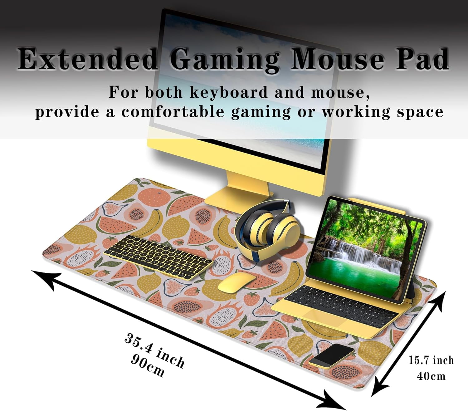 Large Desk Pad, Keyboard Mouse Pad Gaming Desk Mats, Mouse Pad Mat Non-Slip Rubber Base Waterproof with Stitched Edges, 35.4 X 15.7 inch for Work/Game/Office/Home Bright Summer Cartoon Fruits