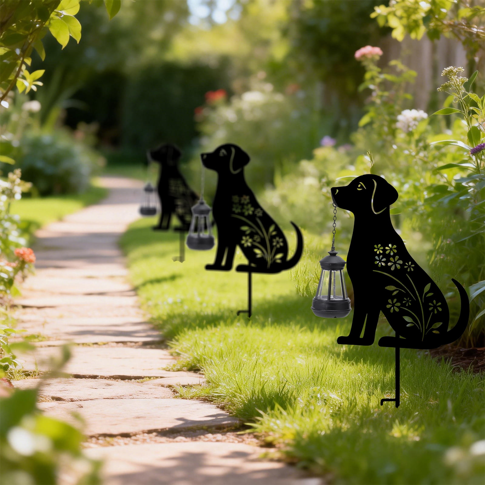 Metal Dog Stake with Solar Lights Outdoor Decorative,Black Dog Lawn Ornaments,Womens Gifts Unique,Garden Silhouette Animal Decor (Dog)