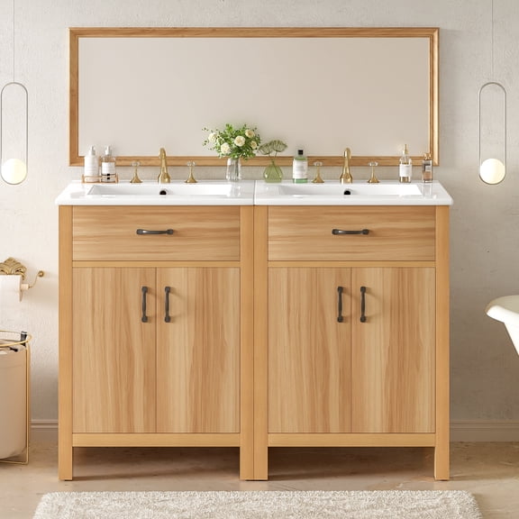 48" Bathroom Vanity with Ceramic Sink, Flip Drawer, 4 Soft-Close Doors with Storage, Modern Sink Cabinet with Adjustable Shelf
