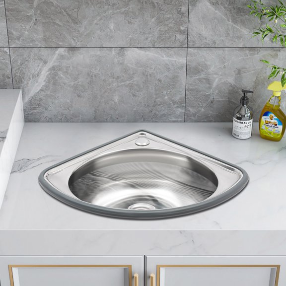Modern Stainless Steel Small Wall Mount Corner Bathroom Sink W/Overflow Triangle for Homes, Restaurants