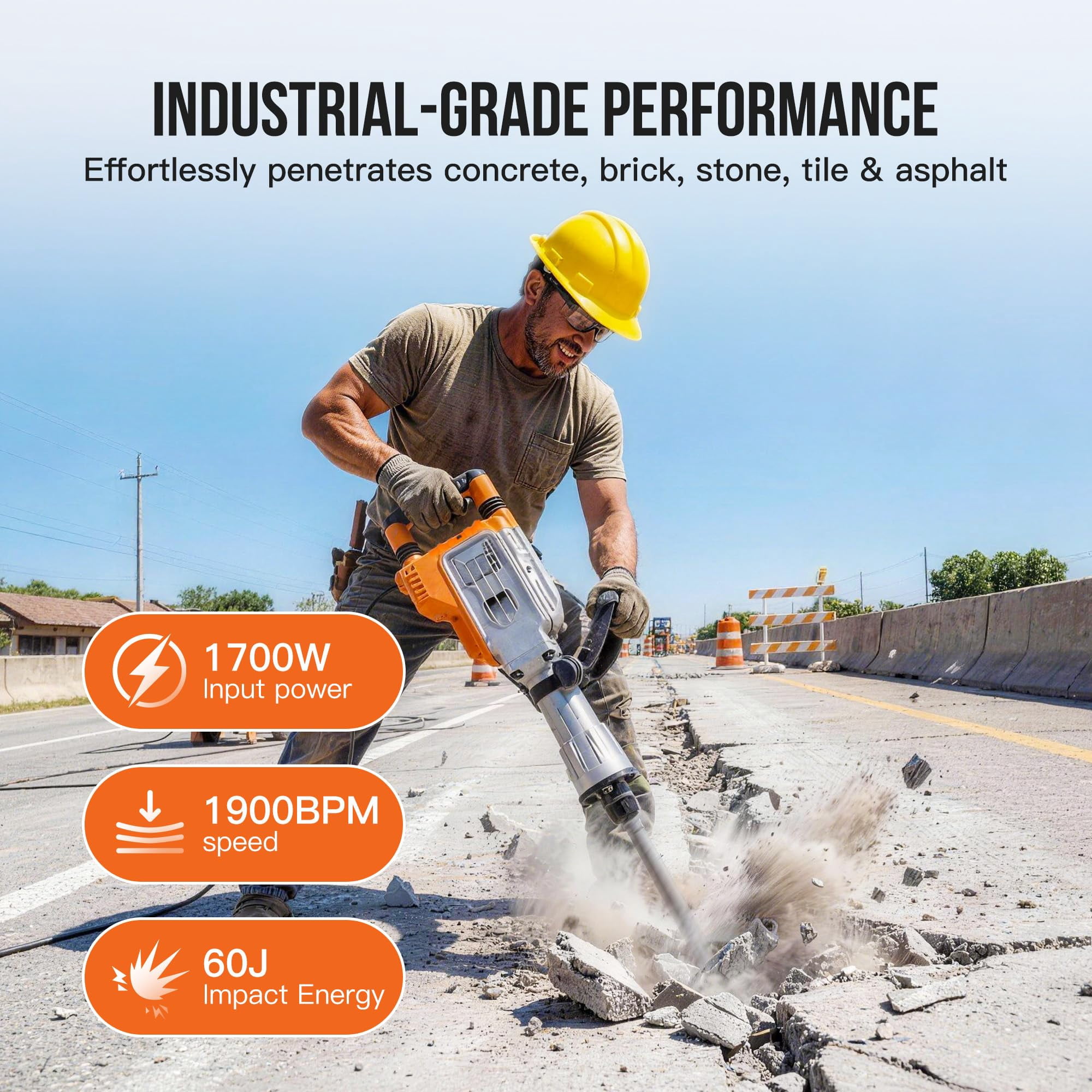 Electric Demolition Jackhammer 1700W, 60J Impact Energy Concrete Breaker 1900 BPM with Anti-Vibration System, Adjustable Handle, Safety Clutch, 2 Chisels & Carrying Case