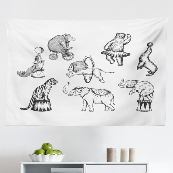 Dancing Bears Tapestry, Pastel Teddy Playing in Music Cartoon Hand Drawing Look Art Print, Fabric Wall Hanging Decor for Bedroom Living Room Dorm, 2 Sizes, White and Ceil Blue, by Ambesonne