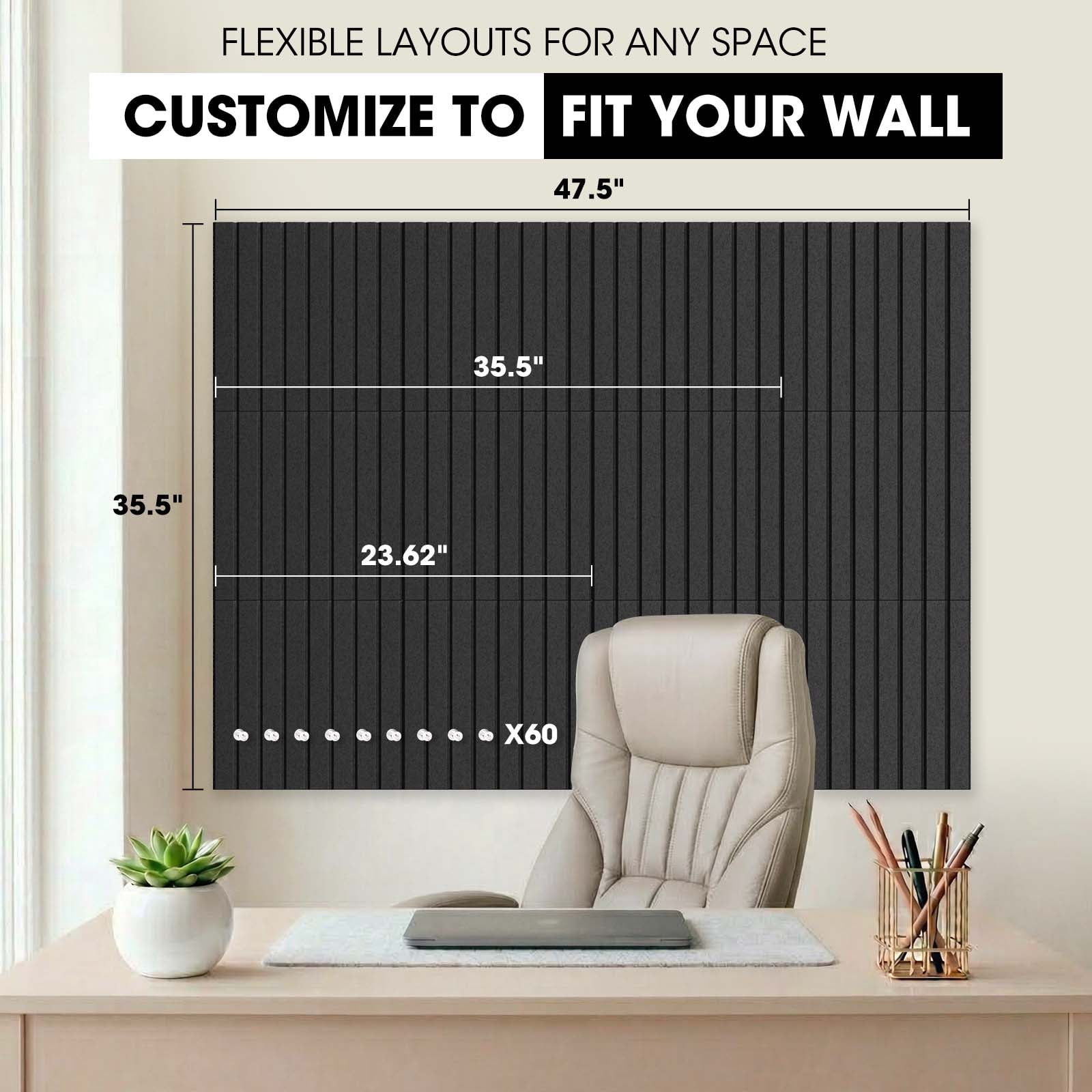 Vision Board - Cork Board for Walls, 48" x 36" | 12 Pack | Cork Board Tiles, Felt Bulletin Board, Large Corkboard, Cork Panel for Office, Felt Wall Panels, Cork Panels, Corkboard Roll (Black)