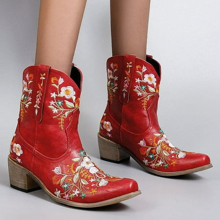 

Kiplyki Weekly Deals Women Embroidered Cowboy Riding Casual Warm Middle Heels Middle Tube Short Shoes
