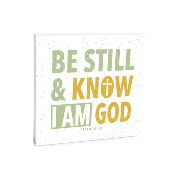 Be Still Know I Am Olive Speckles Cross 10 x 10 Wood Tabletop Sign Plaque
