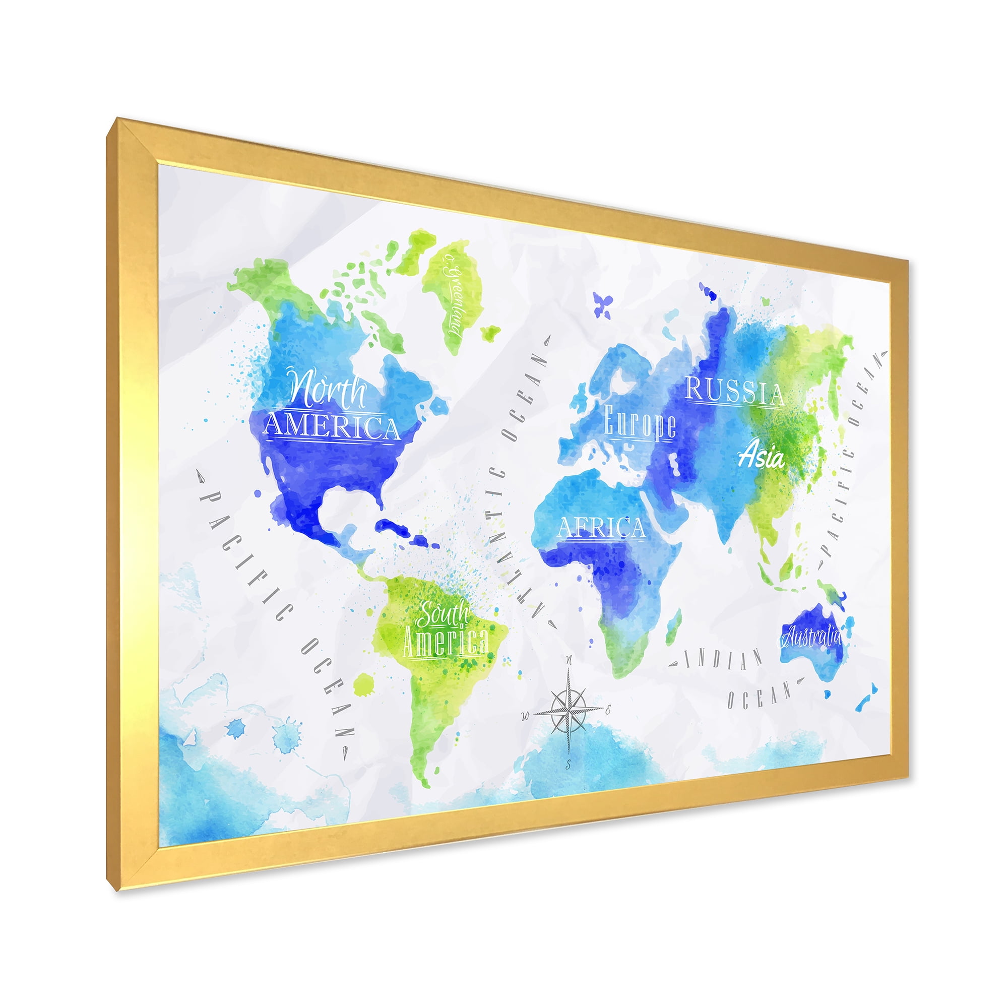 Designart 'World Map In Blue and Green' Modern Framed Art Print