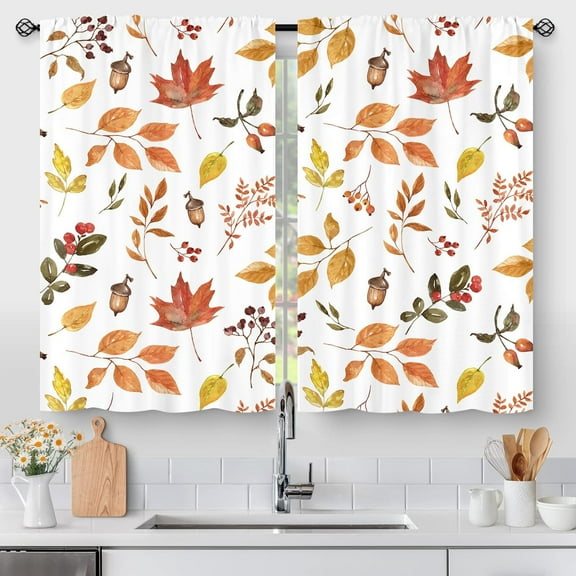 Fall Maple Leaves Kitchen Curtains, Autumn Harvest Thanksgiving Season Small Short Cafe Window Curtains Over Sink Dining Room Decor Rod Pocket Drapes Tier Curtains 2 Panels 36x28 Inches