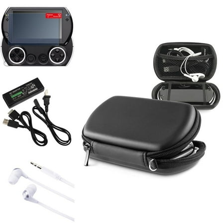 Insten For PSP Go - Travel AC PSP Charger + Black EVA Case Cover + Screen Protector + 3.5mm Headset