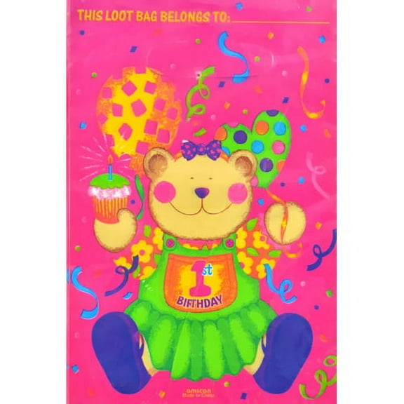 Various 1st Birthday Baby Bear Pink Favor Bags, 8 Count
