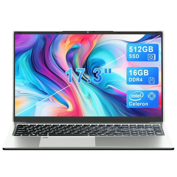 SANPTENT 17.3" Windows 11 Pro Laptop, 16GB RAM 512GB SSD Computer, 4 Core Intel Celeron N5095, Backlit Keyboard, Silver