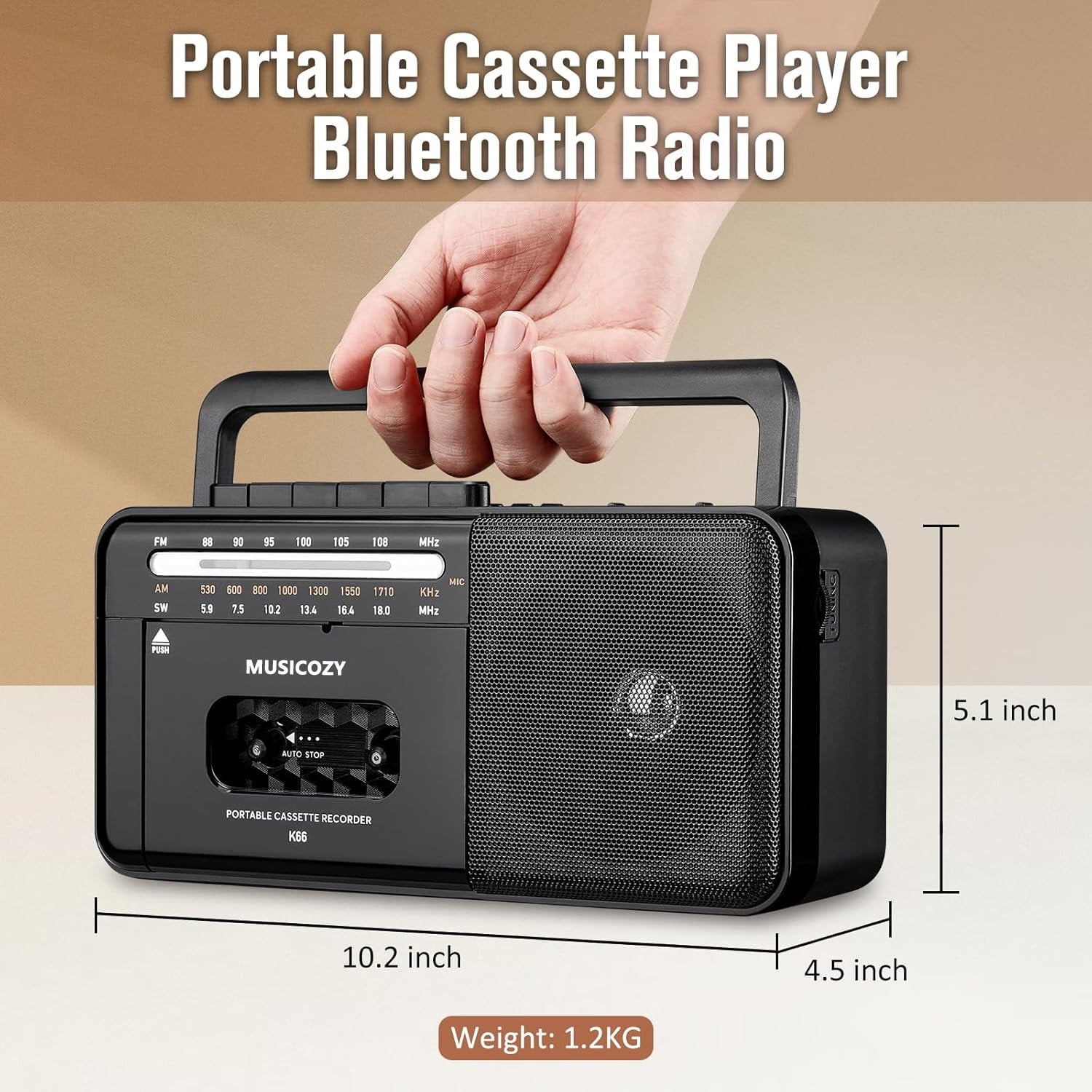 Cassette Tape Player Bluetooth Boombox, Cassette Player AM/FM/SW Radio Stereo, Tape Player/Recorder with Big Speaker and Earphone Jack, USB/TF Card Player, AC Powered or Battery Operated Black