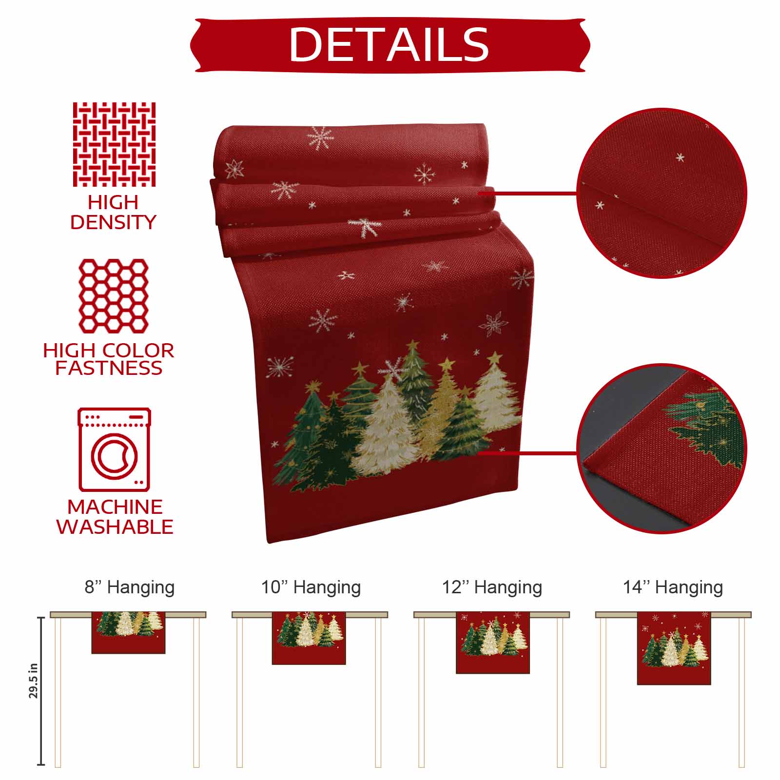 Red Christmas Tree Dresser Scarf Farmhouse, Dining Table Decorations for Wedding/Parties, Xmas Tree Winter Snowflake Table Runner 72 Inches Long for Kitchen Dining, 16 x 72 In