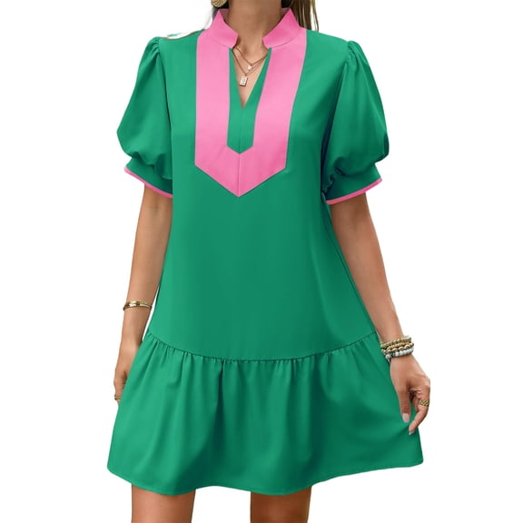 Short Sleeve Women Color Block V Neck Ruffle Mini Dress