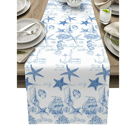 

Blue Ocean Starfish Conch Seahorse Anchor Table Runner Home Party Decorative Tablecloth Cotton Linen Table Runners for Wedding