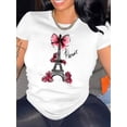 thumbnail image 1 of Chic Bow & Floral Eiffel Tower Print Women's T-Shirt - Casual Crew Neck, Short Sleeve, Stretchy Polyester Blend, Machine Washable - Perfect for Summer, 1 of 6