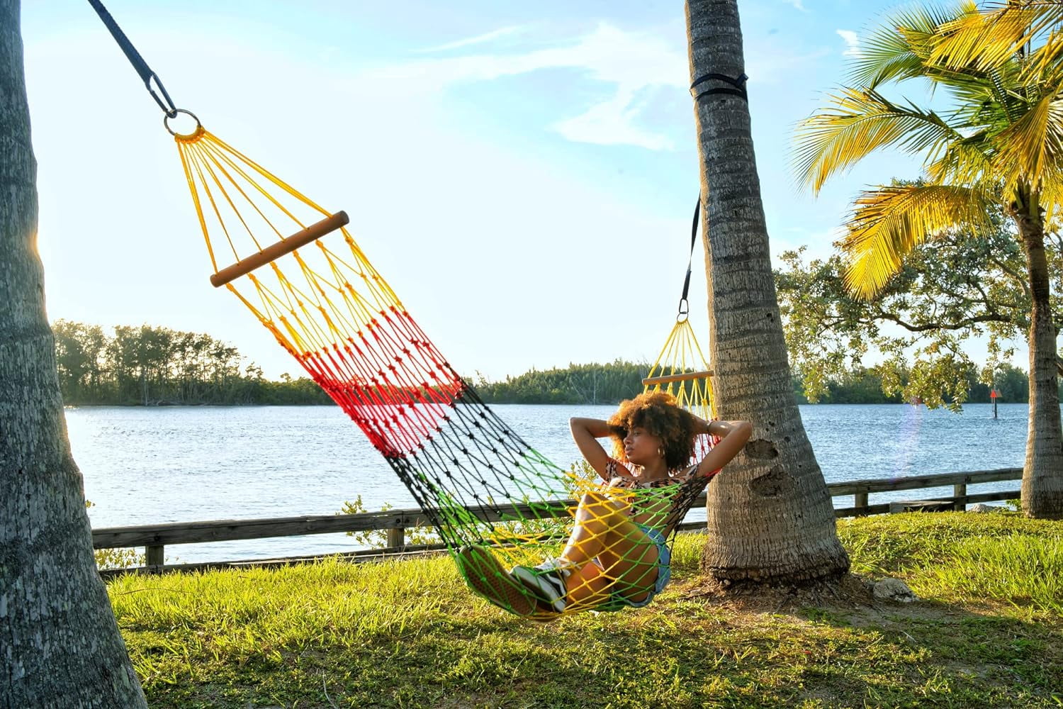 Naturejam Rasta Hammock-Portable Jamaican Camping Mesh Rope Hammock with Carrying Bag and Tree Straps