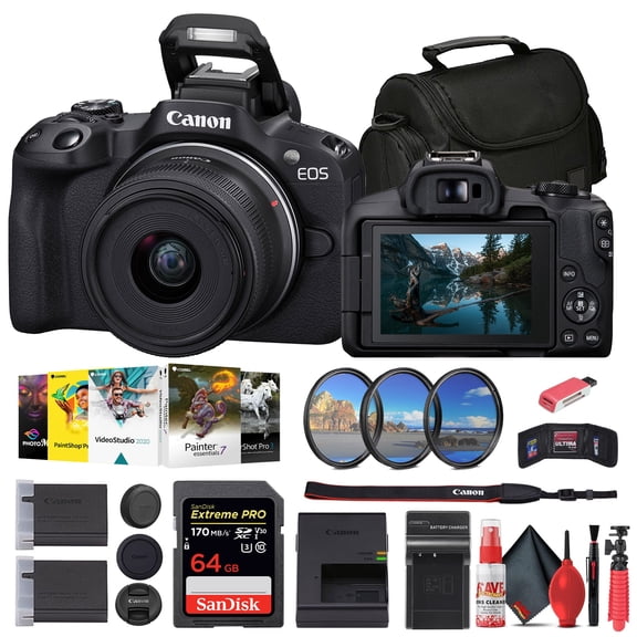 Canon EOS R50 Mirrorless Camera with 18-45mm Lens Black 5811C012 64GB Memory Card Filter Kit Corel Photo Software Bag Charger LPE17 Battery Card Reader Flex Tripod International Model