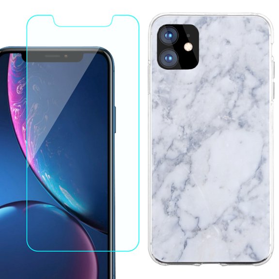 For Apple iPhone 11 Case , Slim-Fit TPU Protective Phone Case with Tempered Glass Screen Protector, by OneToughShield ® - Marble / Clouds