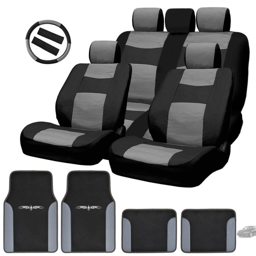 Semi Custom Synthetic Leather Car Seat Covers With Vinyl Floor Mats And Steering Wheel Cover Split Back Full Set Black Grey No Cost Com - Custom Faux Leather Car Seat Covers