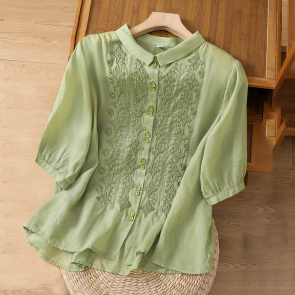 Pimelu Cute Tops for Women Casual Tops for Women Summer Soft Cotton Linen Button Down Plus Size Shirts Ladies Solid 3/4 Sleeve Lapel Blouses with Pocket Womens Blouses